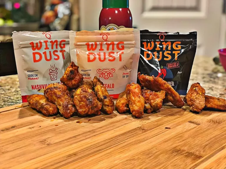 Hot wings with Wing Dust Nashville, Buffalo and BBQ seasoning packets, cooked on a Hasty Bake Charcoal Grill